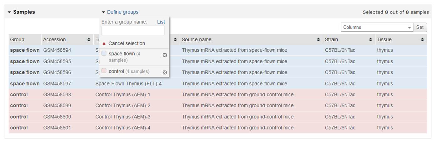 Screenshot of GEO2R samples table