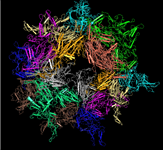 First of three PDB split files for the viral capsid Aav-6, showing the 3D view for the portion of the structure that is in PDB record 1VU0.