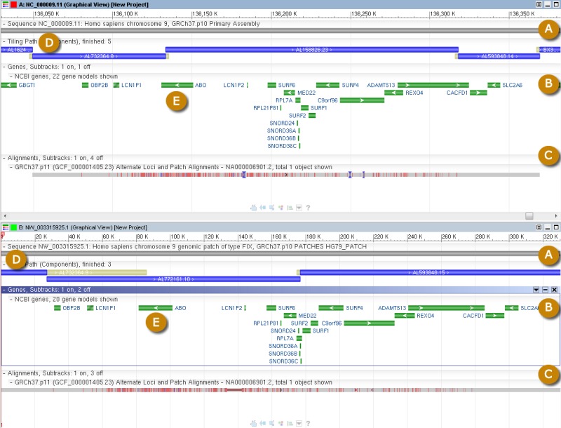 Figure 4. . Top panel: RefSeq copy of GRCh37 chromosome 9 (NC_000009.