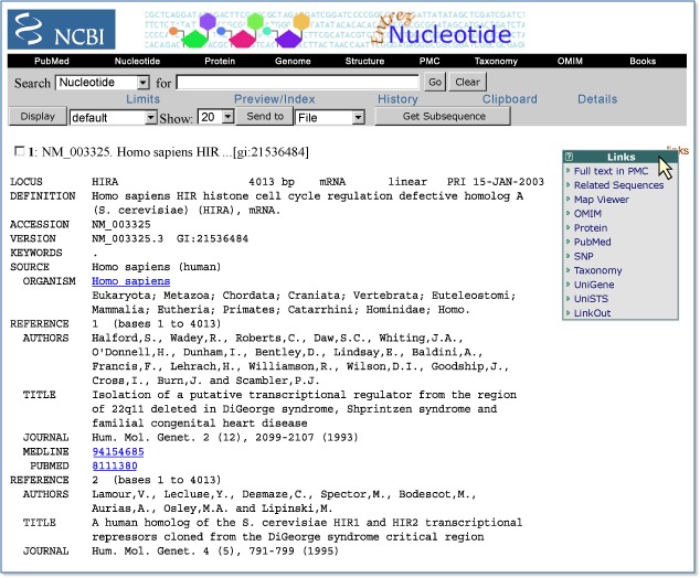 Figure 4. Connecting to Map Viewer from Entrez Nucleotide, using the Links menu in Entrez Nucleotide to connect from a record to Map Viewer.