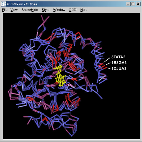 Figure 6. VAST structural alignment of 1B8GA3, 3TATA2, and 1DJUA3.