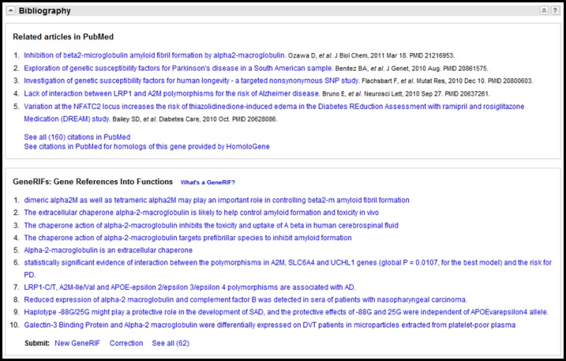 Figure 7. . Representative Bibliography section displaying articles in PubMed and GeneRIFs.