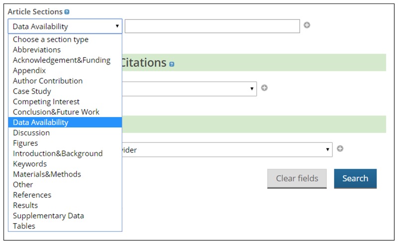 Fig. 2. Drop-down menu in the Europe PMC Advanced Search tool allowing users to search for keywords in the data availability sections.