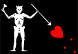 
A black flag with a white horned skeleton using a spear to pierce a bleeding red heart.
