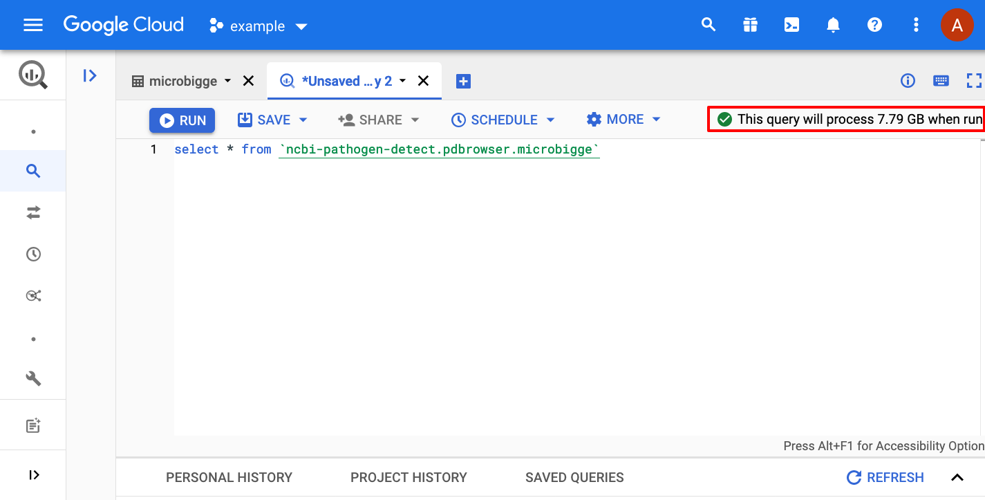 Example Query to get all data: select * from ncbi-pathogen-detect.pdbrowser.microbigge