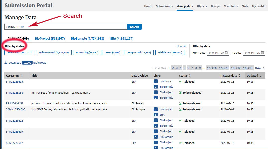 Find BioProject in Manage Data inteface