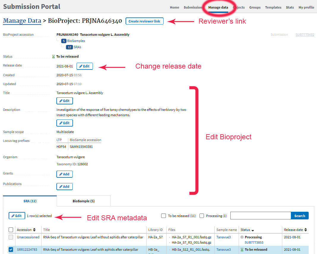 BioProject page in  Manage Data inteface