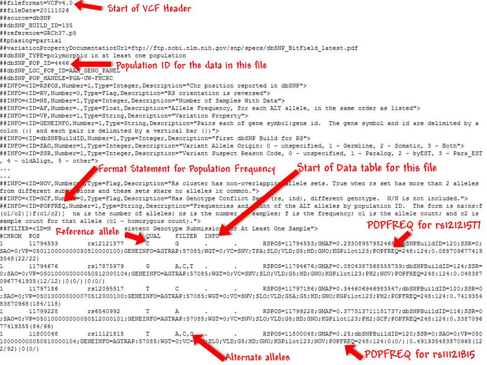 An expanded portion of the AAM_GENO_PANEL.vcf file, showing the location of POPFREQ features used in examples