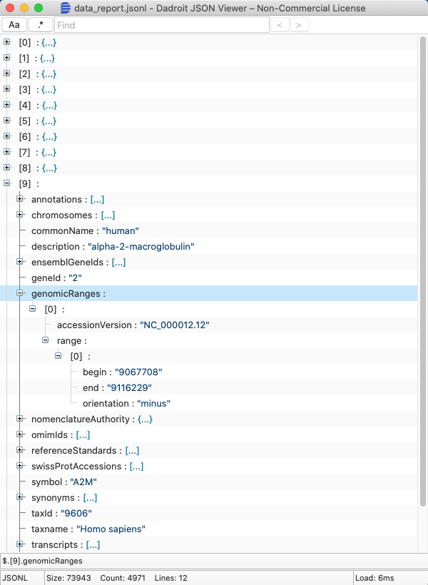 Dadroit JSON Viewer showing gene data report