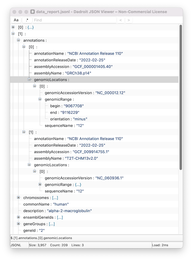 Dadroit JSON Viewer showing gene data report