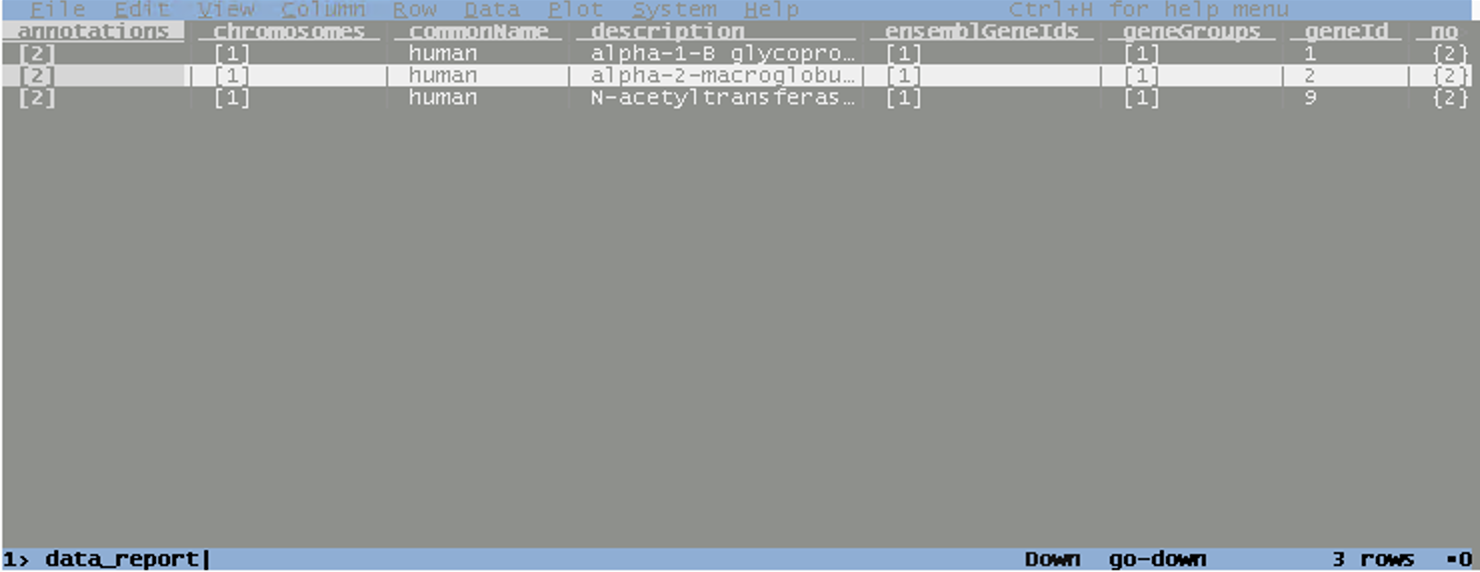 VisiData showing the initial view on opening the gene data report and selecting the second row