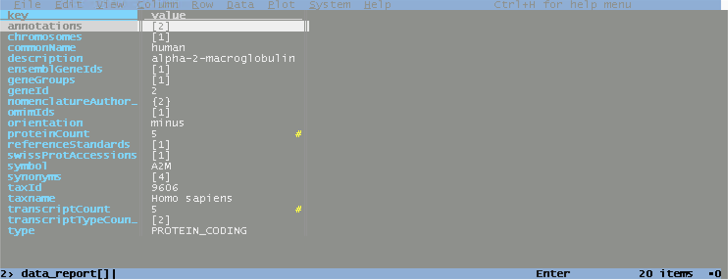 VisiData showing a drill-down into the annotations column