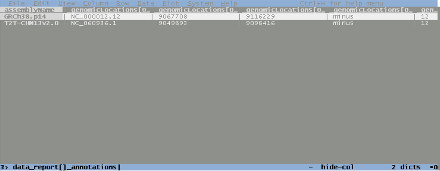 VisiData showing genomic locations after drill-down